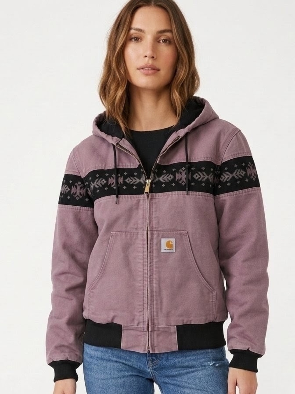 Vintage 90's Carhartt Hooded Aztec Banded Bomber Jacket In Redwood Burgundy - M